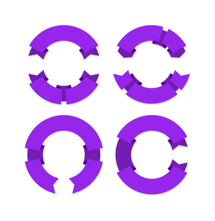 Circular ribbons banners. Geometric realistic curved purple ribbon collection, festive wavy tape, empty satin decorative round object, blank decor advertise flags vector isolated setのイラスト素材