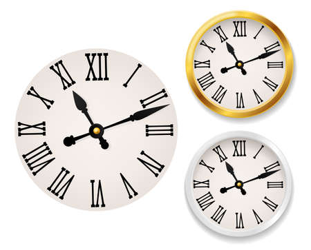 Clock face retro. Wall tower clocks with roman numerals and antique classic hands in golden and white round watch case. Elegant design vintage interior decor vector realistic setのイラスト素材