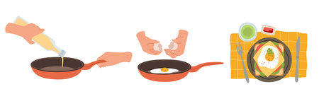 Stages of cooking scrambled eggs. Female hands cooks breakfast, pours oil into frying pan, breaks egg, top view morning tasty healthy meal. Cafe or restaurant food vector cartoon conceptのイラスト素材