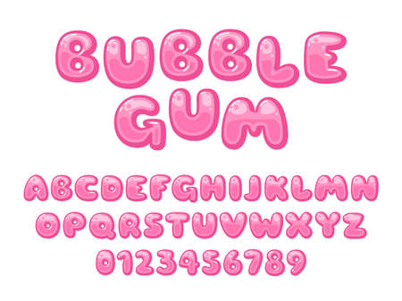 Bubble gum font. Pink sweet candy latin alphabet, kids letters and numbers, cartoon funny chubby glossy abc, childish plump lollipop capitals. Trendy typeface vector cartoon isolated setのイラスト素材