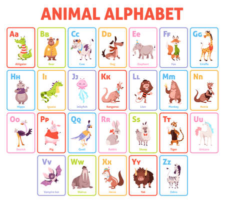Alphabet cards. Funny animals letters educational children cards, kids learning through play, abc game, cute wildlife font. Childish educational vector cartoon isolated conceptのイラスト素材