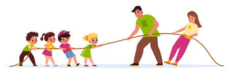 Children and adults tug war. Physical education lesson, teacher versus students, adults and kids pull rope, team sports game. Equal and counteracting forces. Vector cartoon conceptのイラスト素材