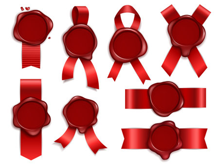 Stamp candle. 3d red ribbons with original waxed rubber royal postage stamps, vintage document envelope seals insulated. Decor elements for letter or certificate vector realistic isolated setのイラスト素材