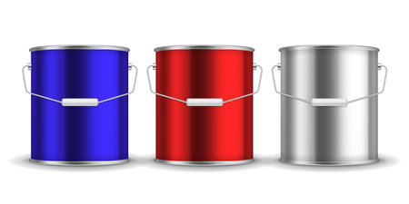 Steel can for paint. Realistic metal buckets with handles. 3D packaging for liquid. Blue or red and white aluminum containers mockup. Vector isolated metallic pails set for brandingのイラスト素材