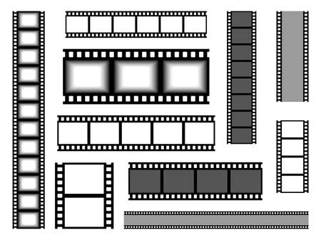 Film strip. Realistic cinema tape. Blank bands for recording video or shooting photographs and showing presentation slides. Various types set of seamless celluloid. Vector movie reelのイラスト素材