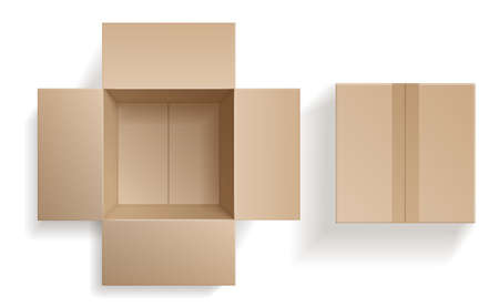Top view cardboard box. Closed and open beige boxes inside and top view, brown pack mockup, delivery service and warehouse object realistic empty carton container. Vector 3d isolated setのイラスト素材