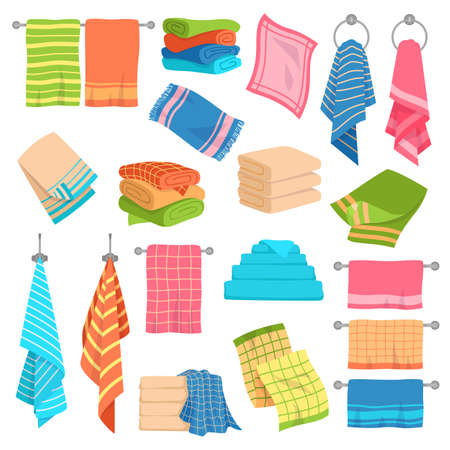 Towel cartoon set. Beach, kitchen and bath hanging and stacked towels collection. Cotton napkin and rags, rolls for spa hygiene textile colorful objects. Vector isolated collectionのイラスト素材