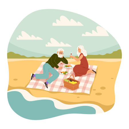 Old people romantic picnic. Elderly man and woman having meal on sea side, couple on beach and drinking wine, characters leisure time, pensioner relationships vector cartoon conceptのイラスト素材