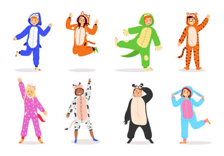 Kids animal dress. Cartoon children wear costumes. Funny carnival clothes with animalistic prints or sleepwear for pajama party. Smiling boys and girls greeting waving hands, vector setのイラスト素材