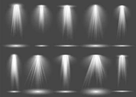 Spot light set. Stage projection illumination, article lamp in studio, spot beam shines collection, spotlight in theater scene or concert club. Vector realistic isolated illustrationのイラスト素材