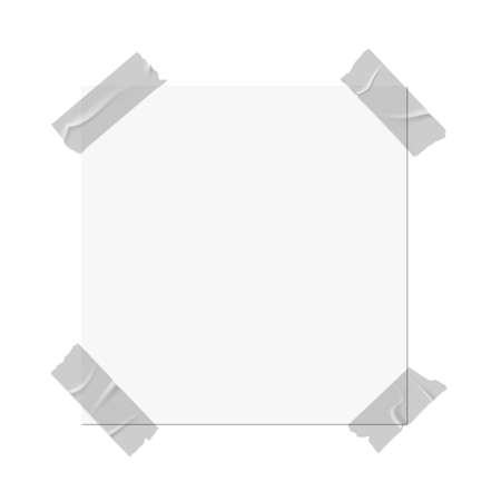 Tapes scotch on paper. Square card with transparent cellophane sticky pieces, strip stick on important sheet notice board. Empty remind white blank frame. Vector realistic illustrationのイラスト素材