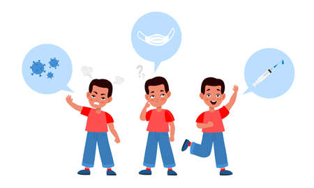 Choice in vaccines favor. Boy in red t-shirt in thinking process. virus medical masks or vaccination, formation of immunity from disease, prevention epidemic, vector cartoon conceptのイラスト素材