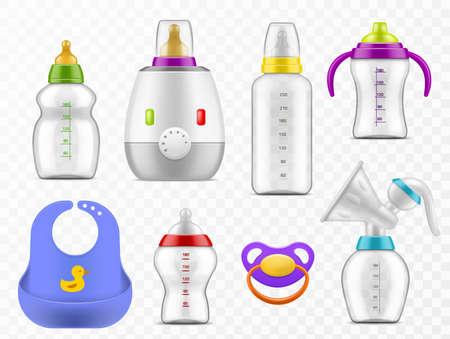Baby food accessories. Realistic milk bottles, rubber pacifier, heater and manual breast pump, children nutrition devices, childcare objects lactation vector isolated newborn elements setのイラスト素材