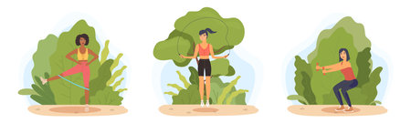 Training in nature. Athletic slim female characters in sport uniform doing exercises, yoga and pilates outdoors, young woman fitness and gymnastics in summer park landscape vector setのイラスト素材