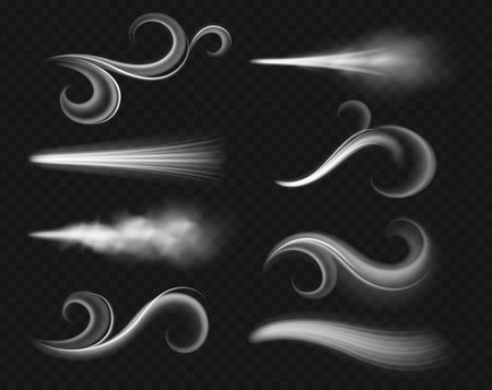 Wind air streams. Realistic storm waves, abstract dry smoke flow, visible curls and tufts, spreading cloudy breath, dynamic forms, physical weather processes vector isolated setのイラスト素材