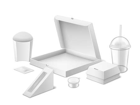 Fast food package. Realistic 3d blank cardboard pizza, burger and french fries boxes, plastic cup, topping sauce mini container. White empty mockup brand identity template vector isolated setのイラスト素材