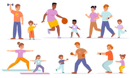 Family sport. Various families activities, adults and kids fitness training with children, boy and girl with parents healthy lifestyle. Running basketball and boxing vector cartoon setのイラスト素材