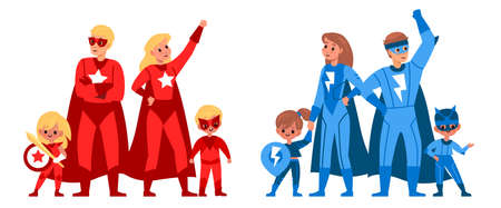 Superhero family. Children and parents in heroes red and blue suits and capes, standing together powerful team. Super mother and father, son and daughter. Strong man, woman and kids vector conceptのイラスト素材