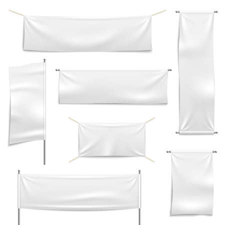 Textile advertising banners. White empty hanging banner collection, realistic flags on chrome stand, blank fabric horizontal and vertical fabric signs, ribbons vector isolated setのイラスト素材