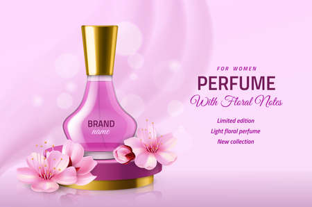Realistic perfume glass bottle. Women pink luxury sakura essence in elegant vial, delicate floral fragrance, japanese cherry. Cosmetic glamour promotional banner. Vector advertising posterのイラスト素材