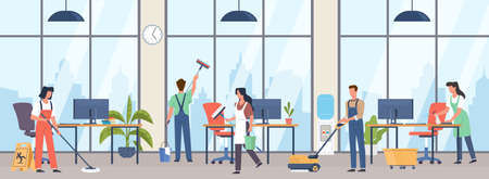 Cleaning premises. People group in uniforms wash office interior with professional industrial washer equipment, janitors team service large rooms with detergents vector cartoon conceptのイラスト素材