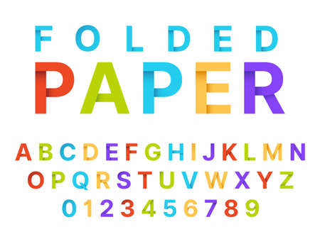 Paper folding alphabet. Origami style color english language font, craft letters and numbers, decorative modern typography papercraft symbols. Creative trendy typeface vector isolated setのイラスト素材