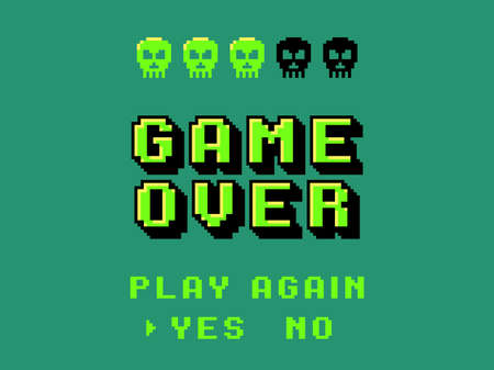 Game over screen. Pixel 8 bit final screensaver, primitive graphics style skulls, retro video games, comic square stylized computer letters, 80s arcade, players end or continue vector conceptのイラスト素材
