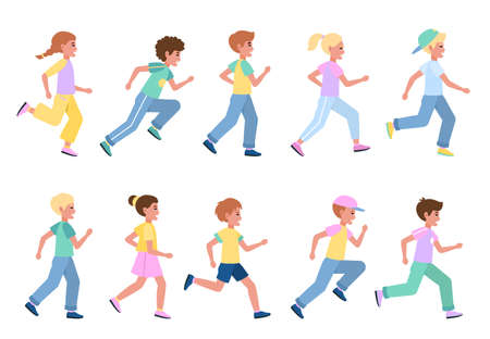 Running kids set. Young happy runners side view collection, children sport activities, athlete boys and girls participate in marathon, healthy lifestyle. Vector flat cartoon conceptのイラスト素材