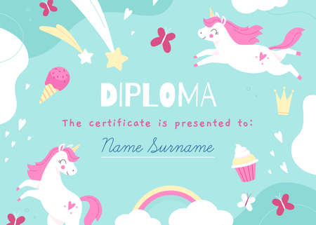 Unicorns frame. Kids diploma template with magic items, fairy creatures, rainbow and sweets, mythical horses. Children school certificate, preschool graduation vector cartoon conceptのイラスト素材