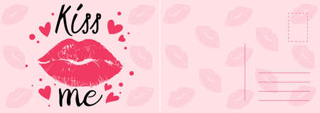 Kiss me card. Romantic postcard with sexy red lips, hearts and calligraphy text, valentines letter template, modern glamour design, invitation and greeting vector cartoon illustrationのイラスト素材