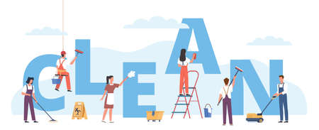 Cleaners group. Professional hygienic servicing, teamwork washing big letters, people use detergent equipment. Men and women janitors, industrial and residential premises vector conceptのイラスト素材