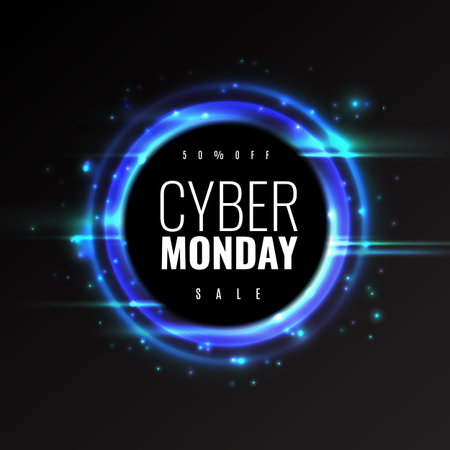 Lens flare poster. Round luminous blue on black frame background, circle shiny lights effect, neon explosion. Cyber monday sale or discount promotion banner, circular glowing vector borderのイラスト素材