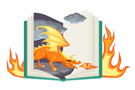 Fantasy book. Open fairy tail with fantasy colorful magic dragonのイラスト素材