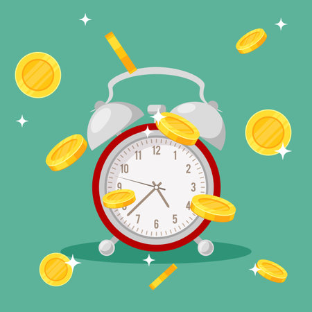 Clock with falling coins. Red retro alarm and gold coins on green background, time to get income or pay bills and credit, profit and investment concept, vector cartoon isolated illustrationのイラスト素材