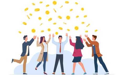 Money rain. Happy people in business suits rejoice, golden coins falling, successful win in lottery, jackpot and income, profit and investment concept, vector cartoon isolated illustrationのイラスト素材