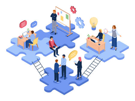Isometric teamwork. Business people group solve problems together, office employees, joint project, business collaboration, partnership in company, men and women work vector 3d conceptのイラスト素材