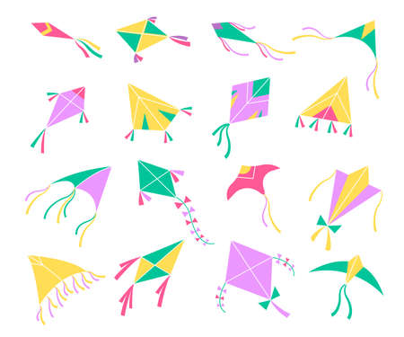 Flying kites. Different shapes colors air toys, Basant Panchami indian harvest festival decor, kids hobbies and outdoors games isolated elements. Freedom symbol, vector flat cartoon setのイラスト素材