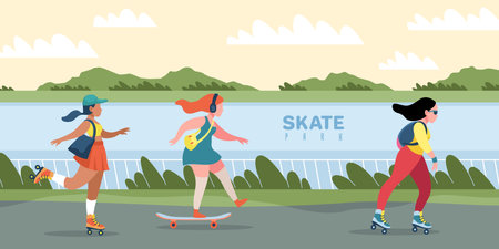 Skate park. People skating or skateboarding. Natural area with skateboard track. Women training outdoor. Leisure and extreme hobby. Cute teenagers fast travel on road. Vector city sportのイラスト素材