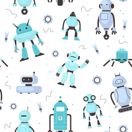 Seamless pattern kids robots. Funny childish robotic mascot, school inventions, modern technology,...