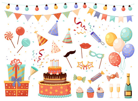 Birthday party decorations. Cartoon holiday elements set. Flags or light garlands. Carnival masks and presents. Crackers with confetti. Bunch of balloons. Vector festive sweet dessertsのイラスト素材