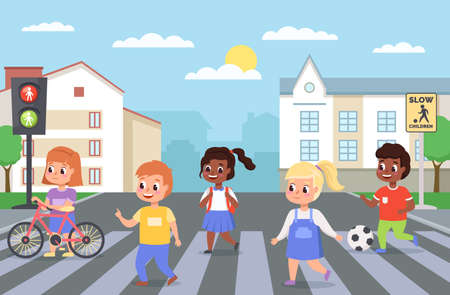 Kids walking crosswalk. Children cross road on zebra crossing. Girls and boys follow pedestrian rules. Safe stepping roadway. Urban landscape with traffic lights. Vector preschoolersのイラスト素材