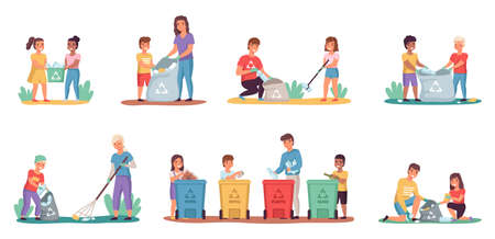 People sort garbage. Kids with parents clean up trash. Characters put rubbish in containers or bags for litter. Families take care of nature and ecology. Vector persons collect wasteのイラスト素材