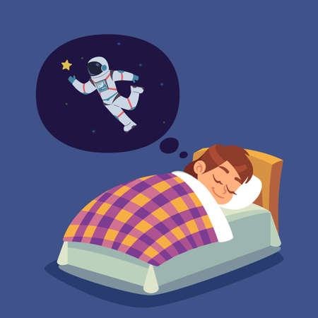 Children sleep. Kid in bed dreaming of space flight. Boy wants to become astronaut. Character thinking about cosmonaut and space exploration. Vector teenager imagines himself spacemanのイラスト素材
