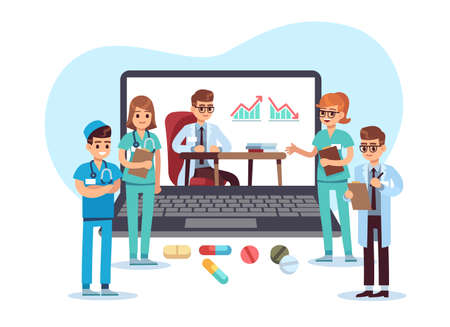 Medical conference video call. Remote online communication with doctors. Web consultation for patients. Hospital workers virtual interaction. Internet teleconference. Vector medicineのイラスト素材