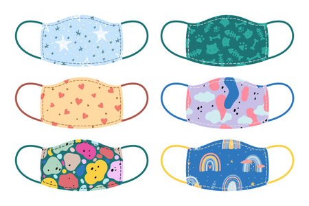 Medical mask. Cartoon respirators with kids prints. Isolated fashionable medical face accessories set. Coronavirus pandemic prevention. Quarantine safety. Vector protective clothesのイラスト素材