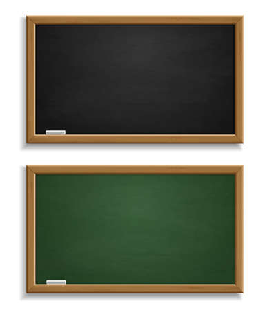 Realistic blackboard. Green and black chalkboard with wooden frame and chalk, blackboards template for school or restaurant. Backdrop for text and illustration, blank mockup vector setのイラスト素材