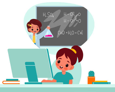 Home child learning. Little girl sitting and desk with computer, chemistry lesson on screen, pupil watching seminar, distance school. Online children education vector cartoon conceptのイラスト素材
