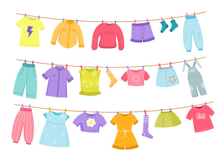 Kids clothes rope. Childish color dresses, sweaters, trousers and skirts clotheslines dried, washed boys and girls clean apparel items. Childhood fashion collection. Vector cartoon setのイラスト素材