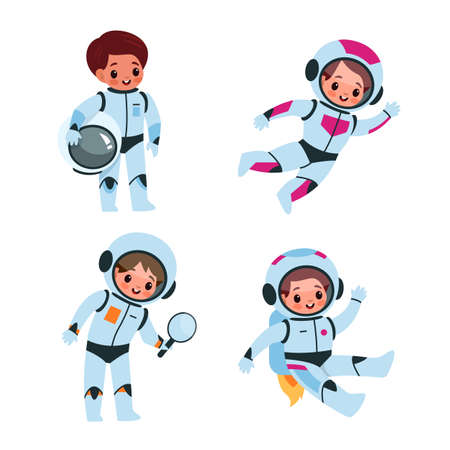 Children in cosmic suits and helmets in space. Kids astronauts explorers collection, little boys and girls cosmonauts flying in zero gravity, astronomy vector cartoon isolated setのイラスト素材