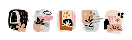 Modern collages set. Various doodle shapes, abstract objects, botanical elements, trendy geometric forms leaves and flowers. Contemporary hand drawn vector scribbles primitive styleのイラスト素材